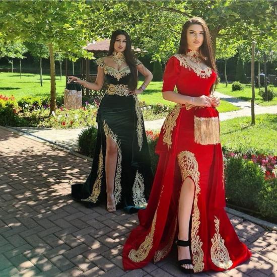 Gorgeous Halter Red Velvet Mermaid Evening Gown with Gold Appliques Half Sleeves_3