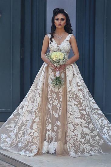 V-neck Sleeveless Lace Champagne Wedding Dresses 2022 Detachable Overskirt Backless Bride Dress