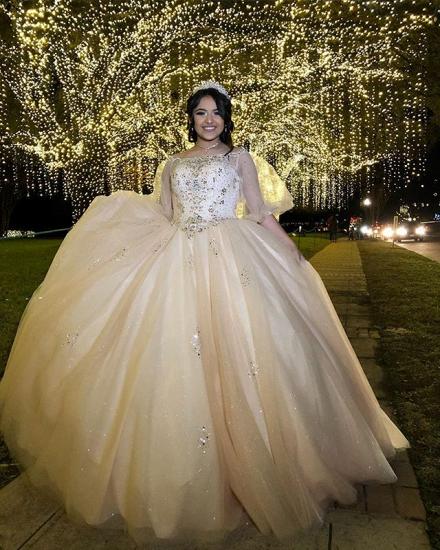 Exquisite Bateau Sparkly Beadeds Puffy Quinceanera Dresses | Illusion Half-Sleeves Sweet 16 Dresses Long_2