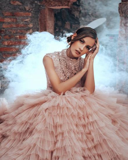 Halter Sleeveless Blush Pink Wedding Dress Aline Tulle Puffy Bridal Dress_2