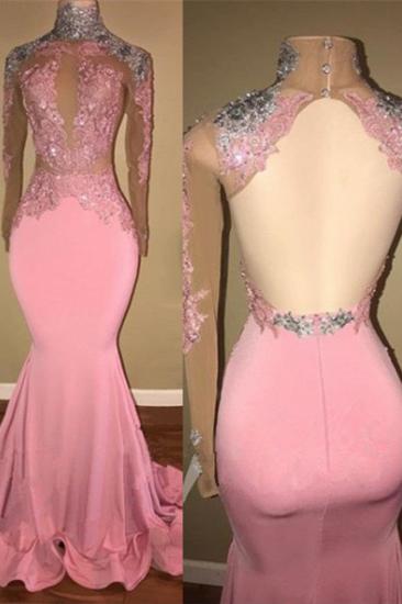 Gorgeous High-Neck Backless Pink Prom Dress Mermaid With Lace Appliques_2