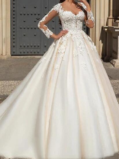 Formal A-Line Wedding Dress Jewel Lace Tulle Long Sleeve Sexy See-Through Bridal Gowns with Court Train