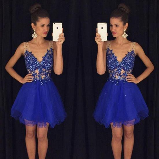 Royal Blue Cheap Short Party Dresses Lace Appliques Sequins Organza Mini 2022 Homecoming Dress_2