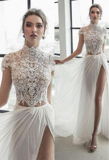 High neck Cap sleeves Ivory Chiffon Split Wedding Dress | Elegant Long Bridal Gown_3