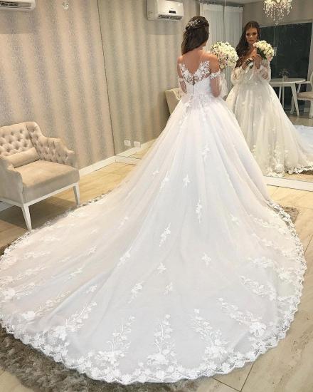 Elegant Off Shoulder Bubble Sleeves  Aline Tulle Lace Wedding Dress for Women_5