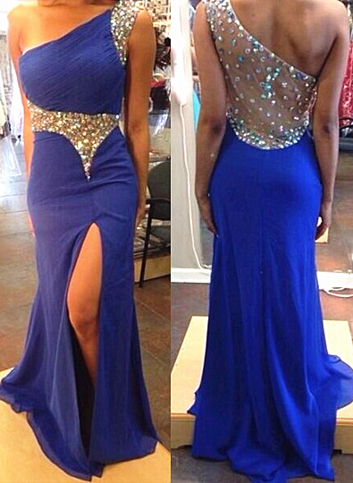 Blue Mermaid One Shoulder Evening Dress Crystal Sexy Popular Sheer Back Long Evening Gowns_1