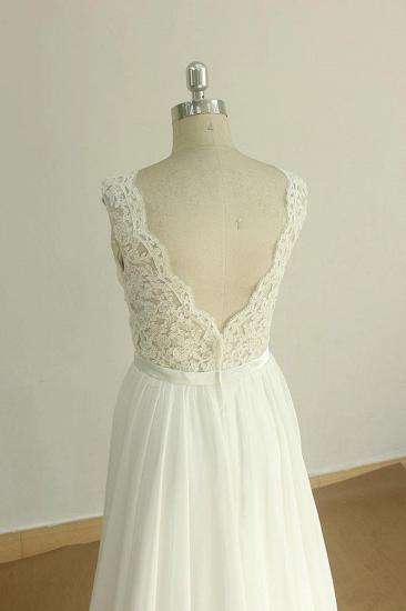 Elegantes ärmelloses Spitzen-Hochzeitskleid mit V-Ausschnitt | Weißes Chiffon-Brautkleid in A-Linie_5