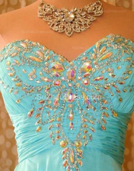 Sweetheart Blue Crystal Long Prom Gowns with Beadings Ruffles Sweep Train Formal Party Dress_2