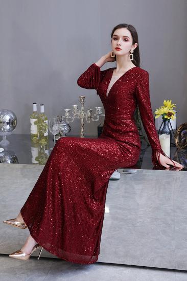 Elegant Sparkle Sequined Burgundy Long sleeve V-neck Mermaid Long Prom Dress_22