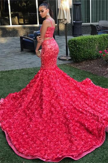 Sexy Straps Two Piece Red Prom Dresses with Flowers | Mermaid Sleeveless Junior Gradation Dresses with Long Train_2