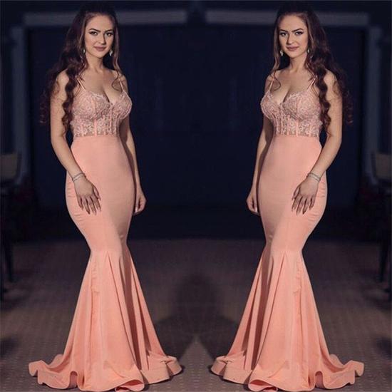 Spaghetti Straps Mermaid Pink Prom Dress   Lace Sleeveless Formal Sexy Evening Gown_3