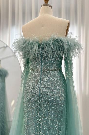 Glamorous Glitter Beading Mermaid Evening Gowns Fur Tulle Long Party Dress with Cape Sleeves_8