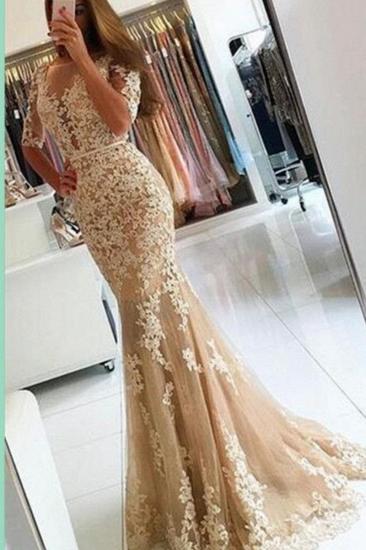 Champagne half-Long-Sleeves Open-Back Lace Mermaid Prom Dresses