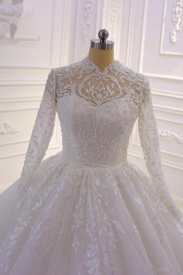 Sparkle Lace Ball Gown High Neck Tull Long Sleeves Wedding Dress_3