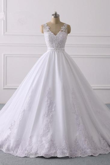 TsClothzone Gorgeous V-Neck Satin Tulle Lace Wedding Dress White Appliques Sleeveless Bridal Gowns On Sale_1