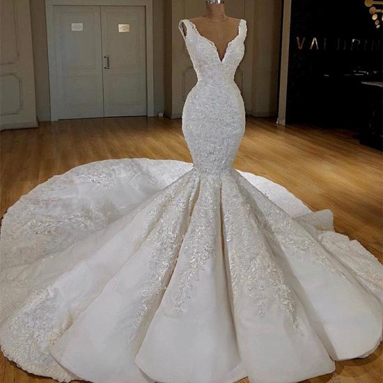 TsClothzone Sexy White Mermaid Ruffles Wedding Dresses Straps Sleeveless V-neck Bridal Gowns With Appliques Online_3