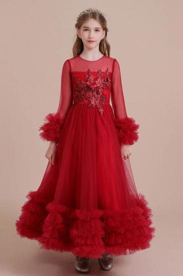 Pretty Tulle A-line Flower Girl Dress | Long Sleeve Applique Little Girls Dress for Wedding
