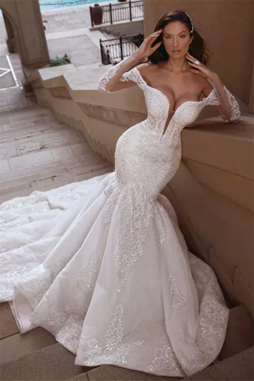 Cap sleeves Mermaid Long Train White Wedding Dresses Online