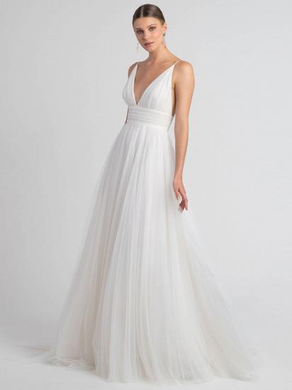 White Sleeveless V Neck Chiffon Backless Tulle Wedding Dresses_3