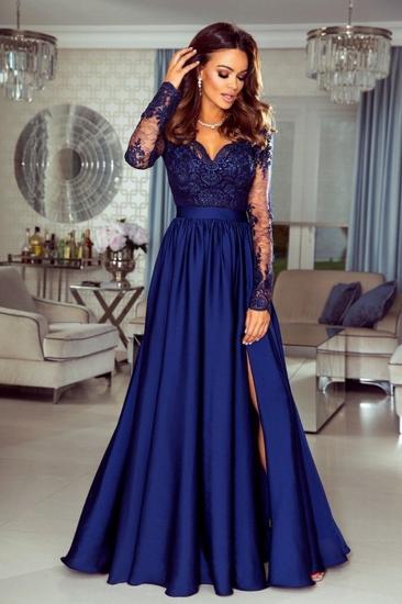 Elegant Navy Lace Satin Evening Maxi Dress Long Sleeves Formal Dress with Side Split