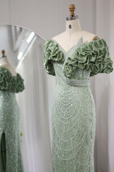 Luxury Dubai Off-the-Shoulder Mermaid Sage Evening Dresses Side Slit Glitter Beading Party Dress_3