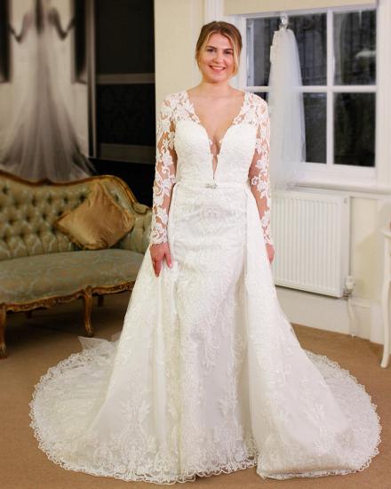 Luxury Long Sleeves V-neck Lace Royal Wedding Dress with Overskirt_3