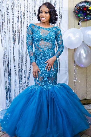 Elegant Blue Long Sleeves Lace Prom Dresses | Affordable Wholesale Fit and Flare Open Back Evening Dresses_2
