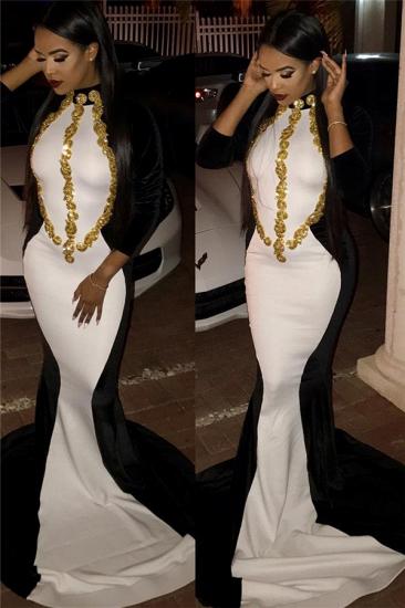 Black and White Mermaid Evening Dress with Gold Beaded Appliques Prom Dress 2022