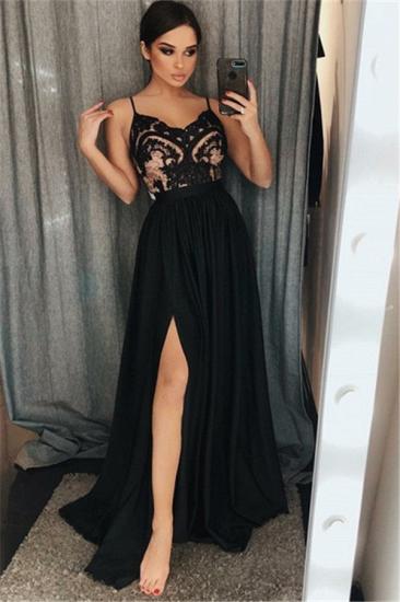 Black A-line Spaghetti Straps Evening Dresses | Side Slit Appliques Prom Dresses 2022