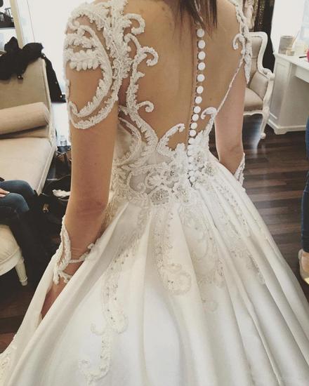 Luxury White Long sleeve A-line Sparkle Beaded Chapel Train Wedding Dress Online with Lace Appliques_5