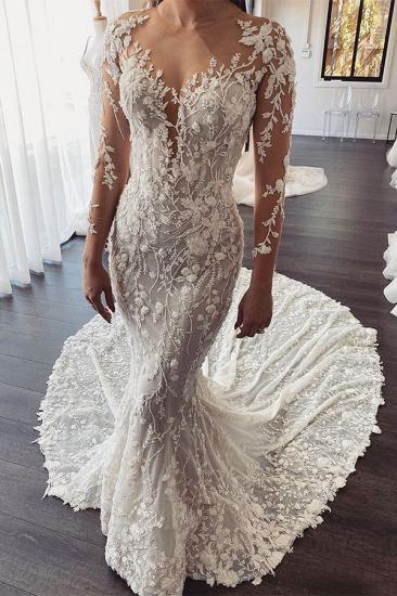Gorgeous Long Train Lace Open back Mermaid White Wedding Dresses