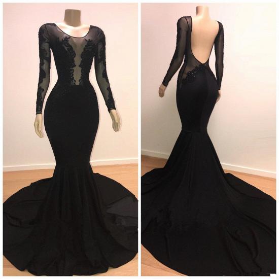 Unique Scoop Long Sleeves Backless Appliques Tulle Mermaid Prom Dresses_3