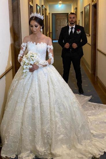 Off Shoulder Long Sleeves 3D Floral Aline Ball Gown Bridal Dress