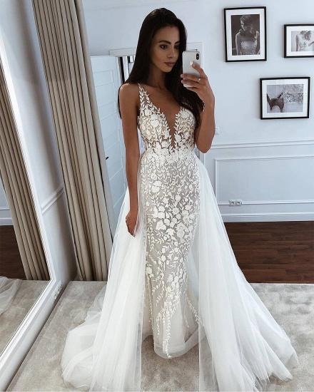 White Lace V-neck Sleeveless Fall Wedding Dress with Tulle Overskirt_2