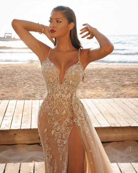 Sexy Spaghetti Side Split Tulle Beach Wedding Dress_4