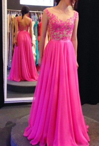Sheer Back Bright Fuchsia Prom Dresses Chiffon  Appliques Elegant Sleeveless Junior Prom Dress