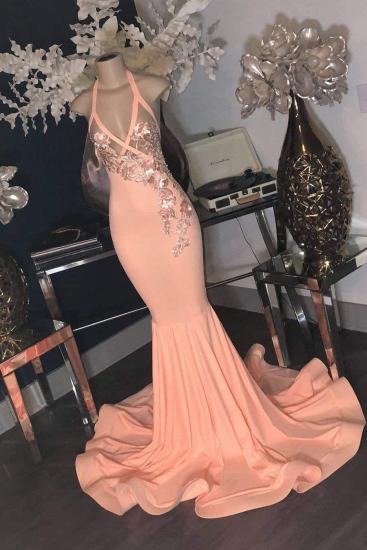 Pink Floral Appliques V-neck Halter Floor Length Mermaid Prom Gowns