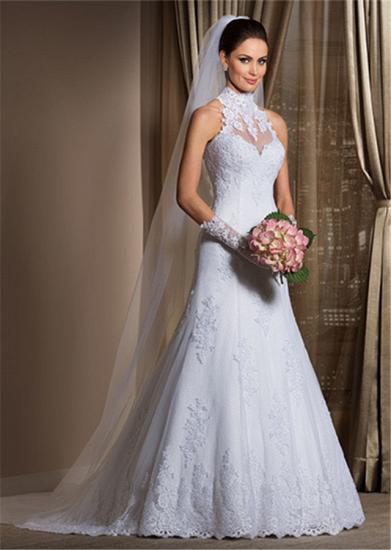 Gorgeous A Line High Neck Wedding Dress Cheap Lace Sheer Sleeveless Sheath Bridal Gowns