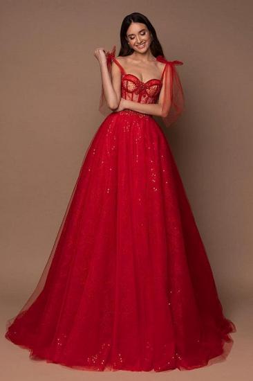Spaghetti Straps Red Tulle Sequins Aline Wedding Party Dress_1