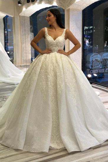 Delicate V-Neck  Ball Gown Straps Flroal Bridal  Gown_1