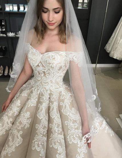 Charming Off Shoulder A-line Princess Bridal Gown with White Lace Appliques_4