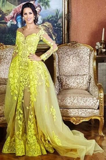 Elegant Lace Long Sleeves Sweetheart Party Dresses With Detachable Skirt | Yellow Tulle Evening Gowns_1