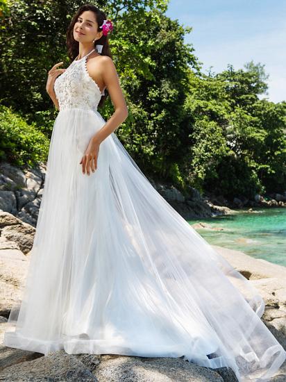 Affordable A-Line Wedding Dress Halter Lace Organza Sleeveless Bridal Gowns Open Back with Chapel Train_3