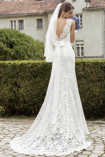 Noble Lace Sheath Bridal Dress Sweep Train Wedding Dress with Ribbon Bowknot_2