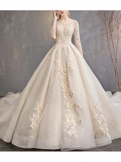 Glamorous A-Line Wedding Dress Jewel Lace 3/4 Length Sleeve Bridal Gowns Backless Court Train