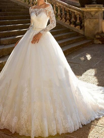 Sparkle & Shine Ball Gown Wedding Dress Off Shoulder Lace Tulle Lace Glamorous Long Sleeves Bridal Gowns with Chapel Train_1
