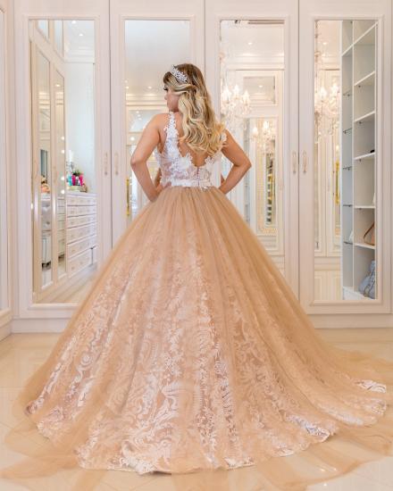 2022 Elegant V-Neck Lace Wedding Dresses | Sleeveless Ball Gown Evening Dresses with Buttons_4
