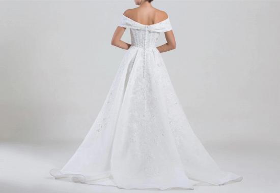 Off the Shoulder Mermaid White Bridal Gown Side Split Lace Appliques Wedding Dress_3