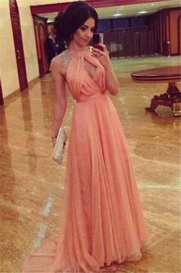 Rüschen Rosa Chiffon Langes Abendkleid mit Perlen Einzigartige Elegante Abendkleider mit offenem Rücken für Junioren