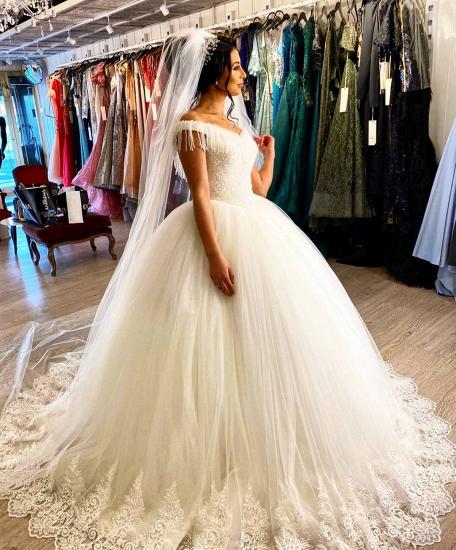 Glamorous Off Shoulder Tulle Lace Princess Bridal Gown with Tassels_6